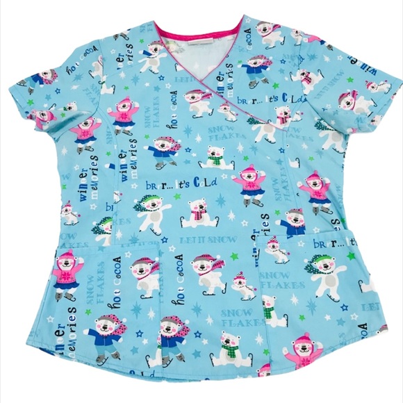 Scrubstar Ice Skating Bears Winter Scrub Top, Blue, X-Small - Picture 5 of 5